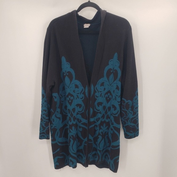 Chico's Scroll Print Sweater Cardigan Womens XL 3 Black Teal Blue Longline Tunic - Picture 12 of 12